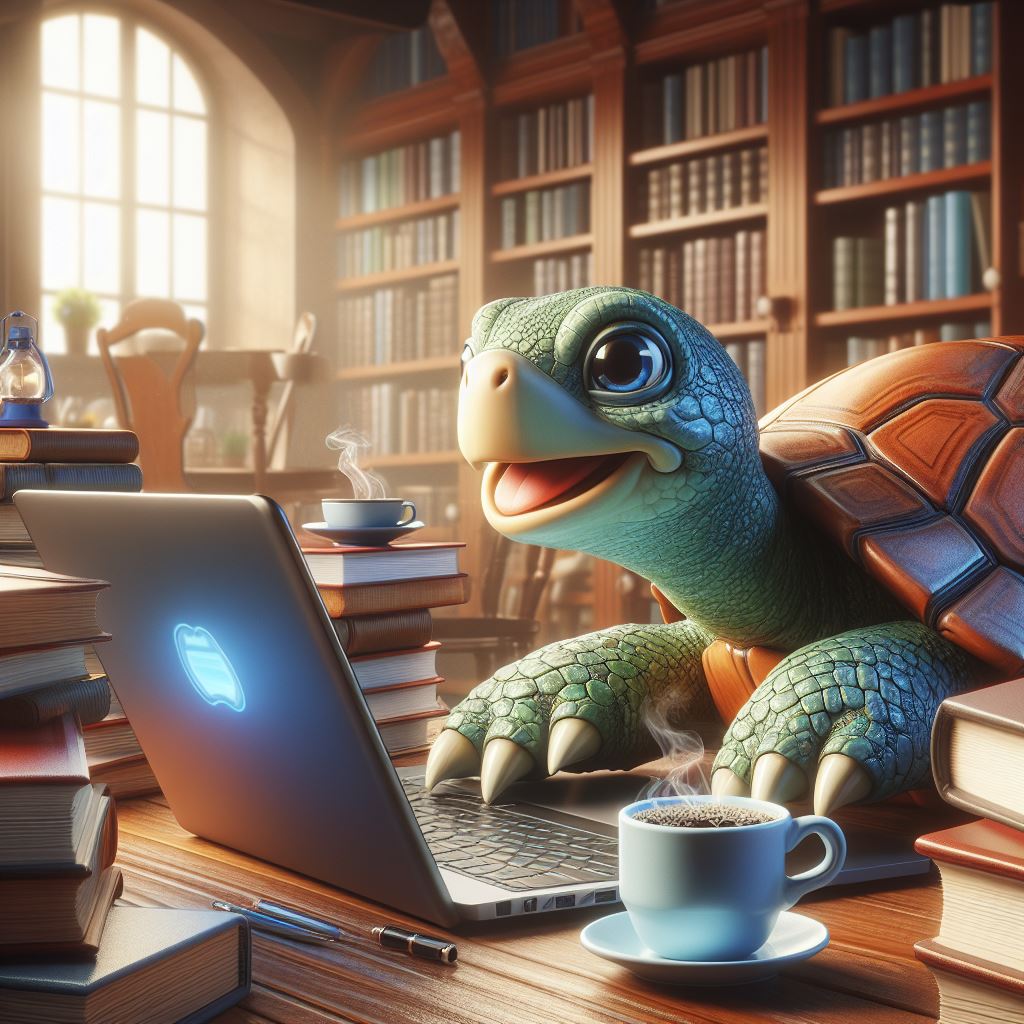 a turtle coding on a laptop drinking coffee and a library with books in background